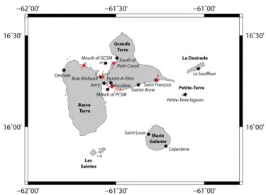 Figure 2. Schematic of Guadeloupe. Geographic location of val- val-idation (Table 2) and comparison (Table 3) points are indicated by black and red symbols, respectively