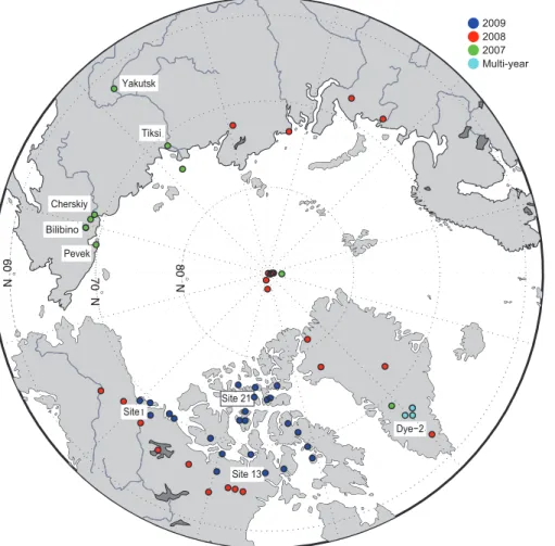 Fig. 1. Sampling sites for the 2008 and 2009 data sets analyzed in this study, and for the 2007 data set of Hegg et al