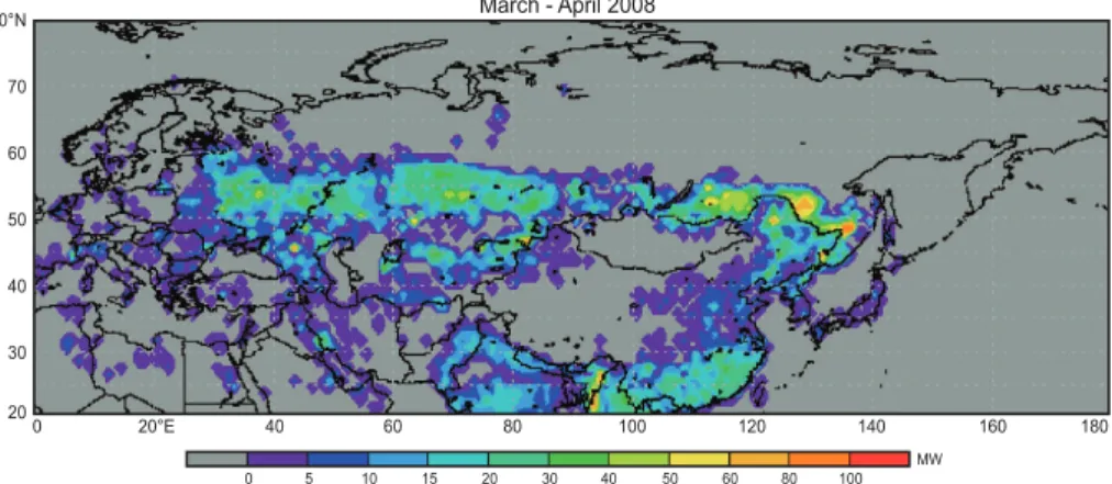 Fig. 4. Location of biomass fires based on the MODIS Fire Mapper (Giovanni program) for March–April of 2008