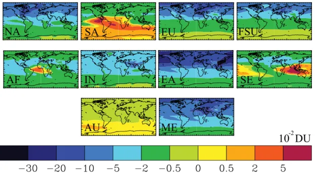 Fig. 2. Global distribution of annual average changes in tropospheric total column O 3 at steady state (1 × 10 −2 DU) for each of the regional reduction simulations relative to the base.