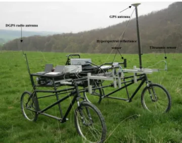 Figure 2. Remotely steered sensor vehicle with hyperspectral re- re-flectance, ultrasonic sensors and mounted GPS antenna.
