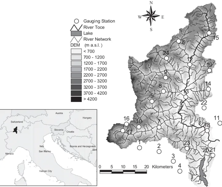 Figure 1. Localization of the stations on a DEM of the Toce watershed.