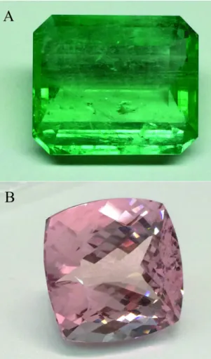 Figura 14. Variedades lapidadas do berilo: esmeralda com  inclusões visíveis a olho nu (A) e morganita sem  inclusões visíveis (B)