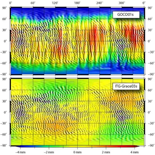 Fig. 1. Pre-Geoid corrections for GOCO01s and ITG-Grace03s gravity fields for Gaussian filter of 241.7 km.