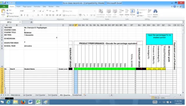 Figure 6. Worksheet 4 th  Quarter Tab Output of Electronic Class Record 