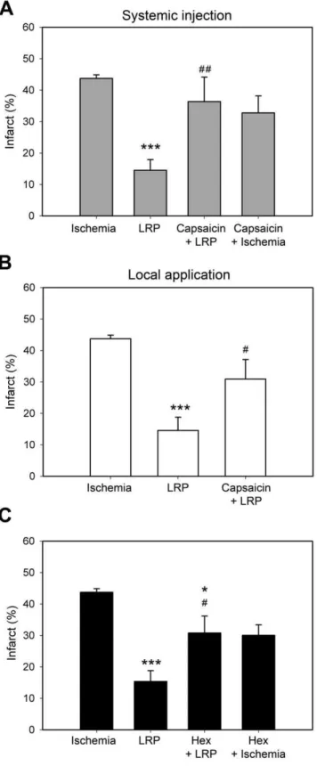 Figure 4. Blocking nerve pathways enlarged infarct size in rats receiving LRP. A. Systemic injection of capsaicin enlarged infarction in rats receiving LRP