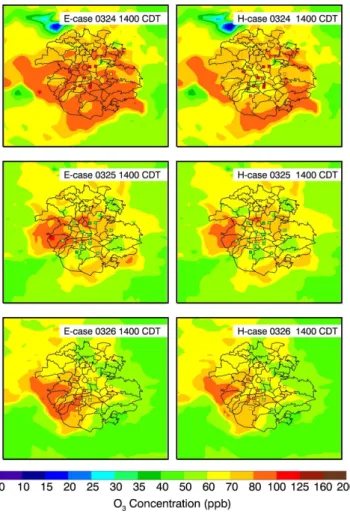 Fig. 9. Pattern comparison of simulated vs. observed O 3 at 14:00 CDT over Mexico City in the E-case (left) and H-case (right) during 24–29 March 2006