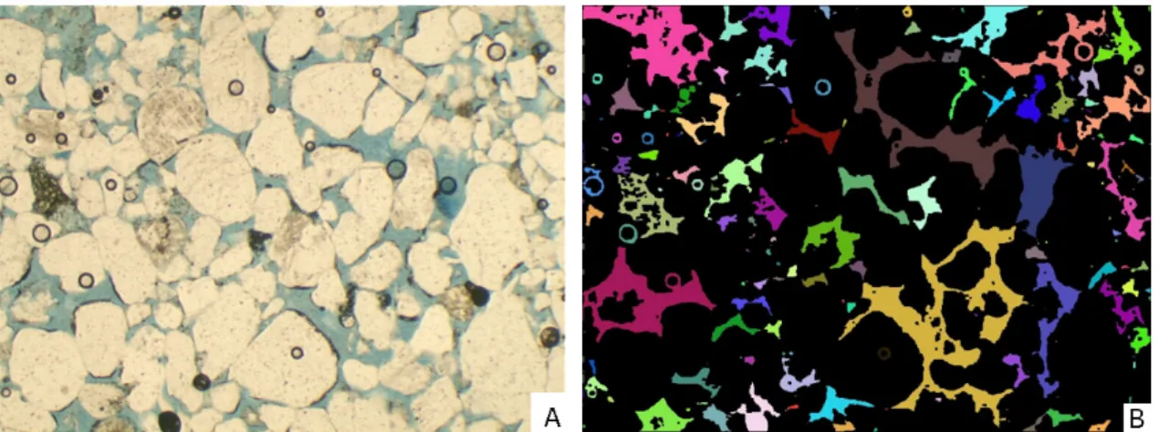Figura 2. A) Imagem original da rocha, B) Poros conectados com rotulação marcada por diferentes cores.
