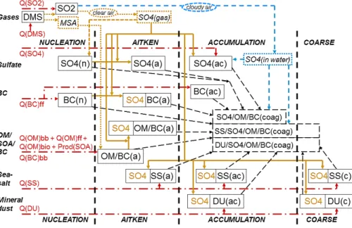 Fig. 1. Schematic for aerosol particle processing in CAM4-Oslo. Primary particles are emitted (dashed-dotted arrows) as accumulation-mode sulphate (SO4(ac)), nucleation and  accumu-lation mode black carbon (BC(n), BC(ac)), Aitken mode BC (BC(a)), internall