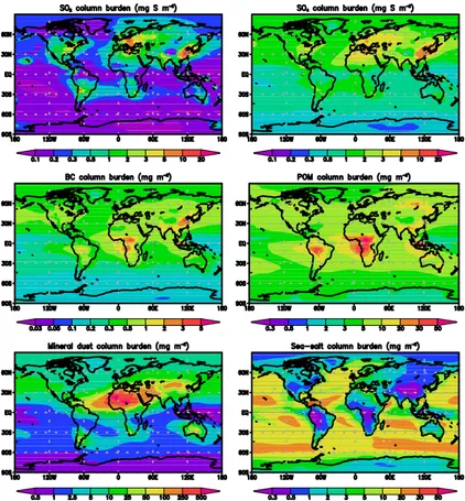 Fig. 2. Annually averaged vertically integrated mass columns of SO 2 and aerosol constituents in the Ctrl simulation