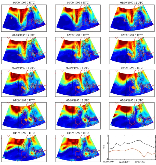 Fig. 7. Evolution of the MPV field on the 340 K isentropic surface. The indicated MPV contour is the same as in Fig