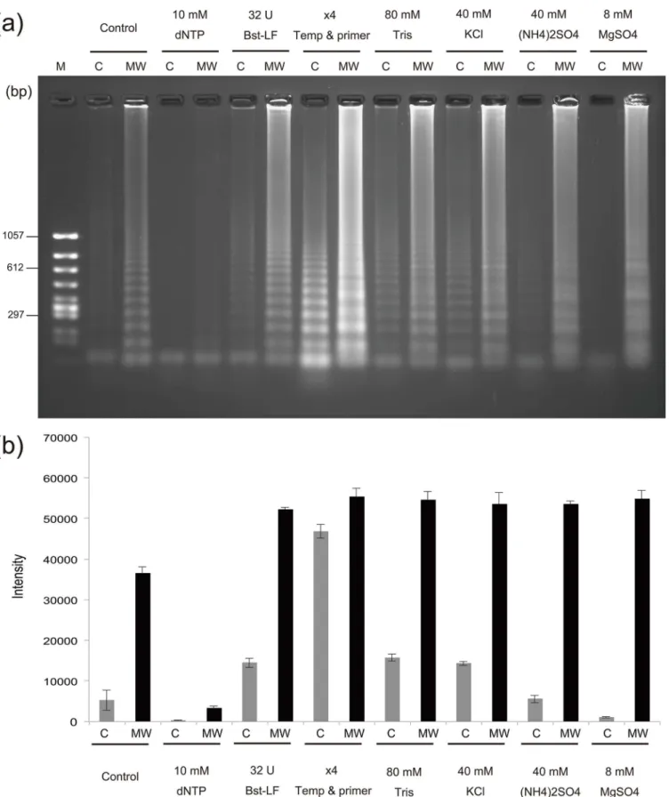 Fig 7. Microwave-assisted rolling circle amplification reaction mixtures containing 4-fold increased concentrations of one component