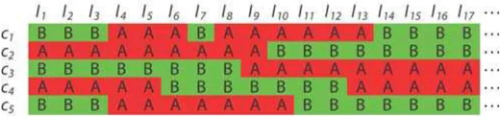 Figure 3. An example of a singleton (double crossover). Each row refers to an individual and each column refers to a marker locus.