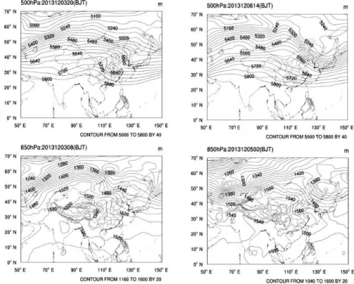 Figure 8. Atmospheric circulation situation at 500 and 850 hPa from 3 to 6 December 2013.