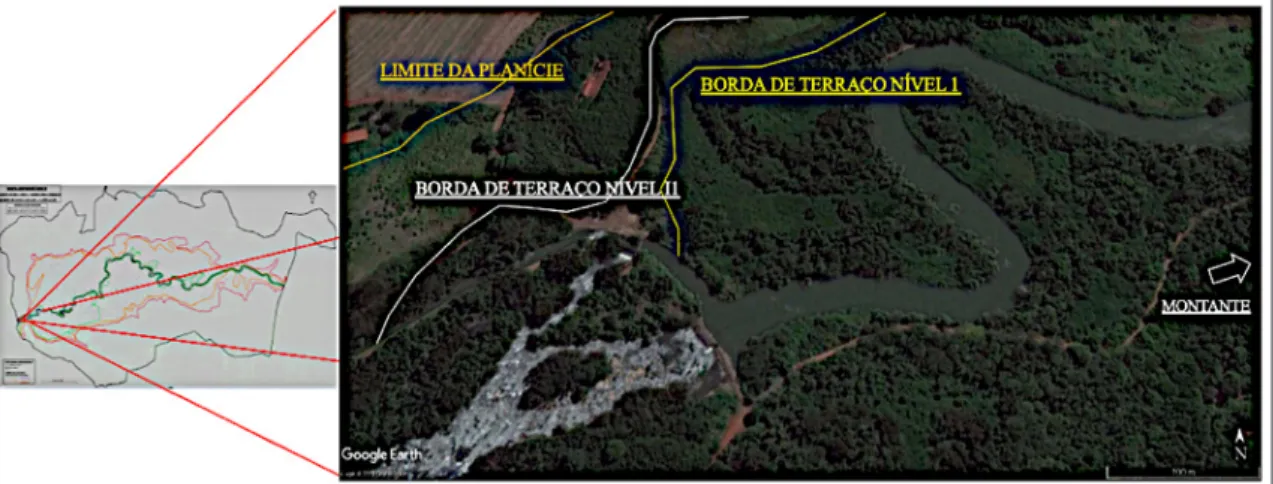 Figura 6. Linha de borda de terraço encontrada na margem esquerda (sentido montante), próxima à planta da Rhodia- Rhodia-Solvay – limite oeste da área de estudo (Google Earth, Imagem Digital Globe 2017)
