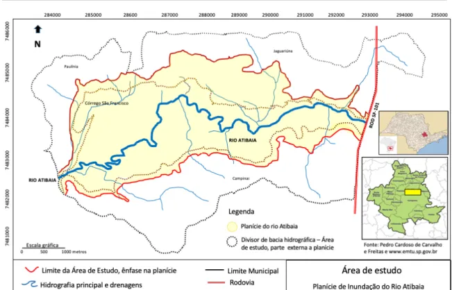 Figura 2. Área de estudo: a planície do rio Atibaia (em amarelo e contornada em vermelho) e o divisor hidrográfico (com  contorno pontilhado preto)