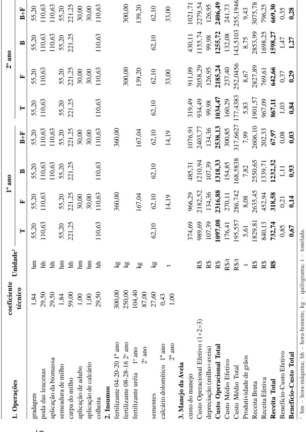 Tabela 4. Custo e rentabilidade de cultivo agroflorestal para produção de milho, em R$/ha, março/2007 2º ano 1