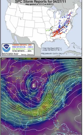 Fig. 3. Valid at 00:00 UTC 28 April 2011. Storm Prediction Center daily storm reports showing a total of 292 reported tornados (top panel)