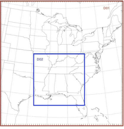 Fig. 4. Domain configuration. D01 is the mother domain with a size of 1350 by 2952 km 2 (50×96 grid points) at 27 km resolution