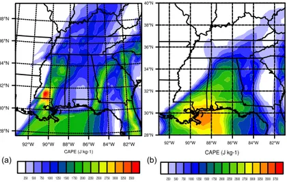 Fig. 10. (a) Modeled (background) and (b) observed CAPE from the Storm Prediction Center’s Surface Mesoanalysis at 00:00 UTC 28 April 2011