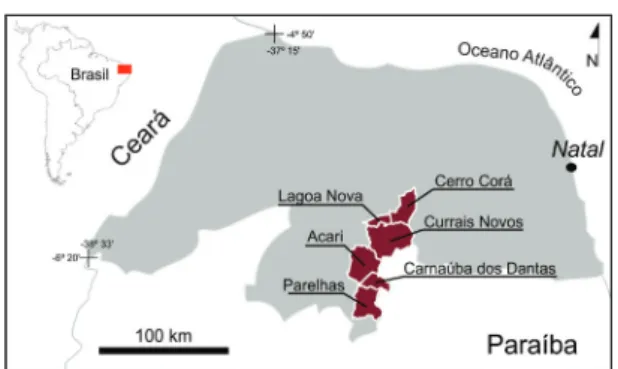Figura 1. Localização do Projeto Geoparque Seridó (área  em vermelho) e seus municípios