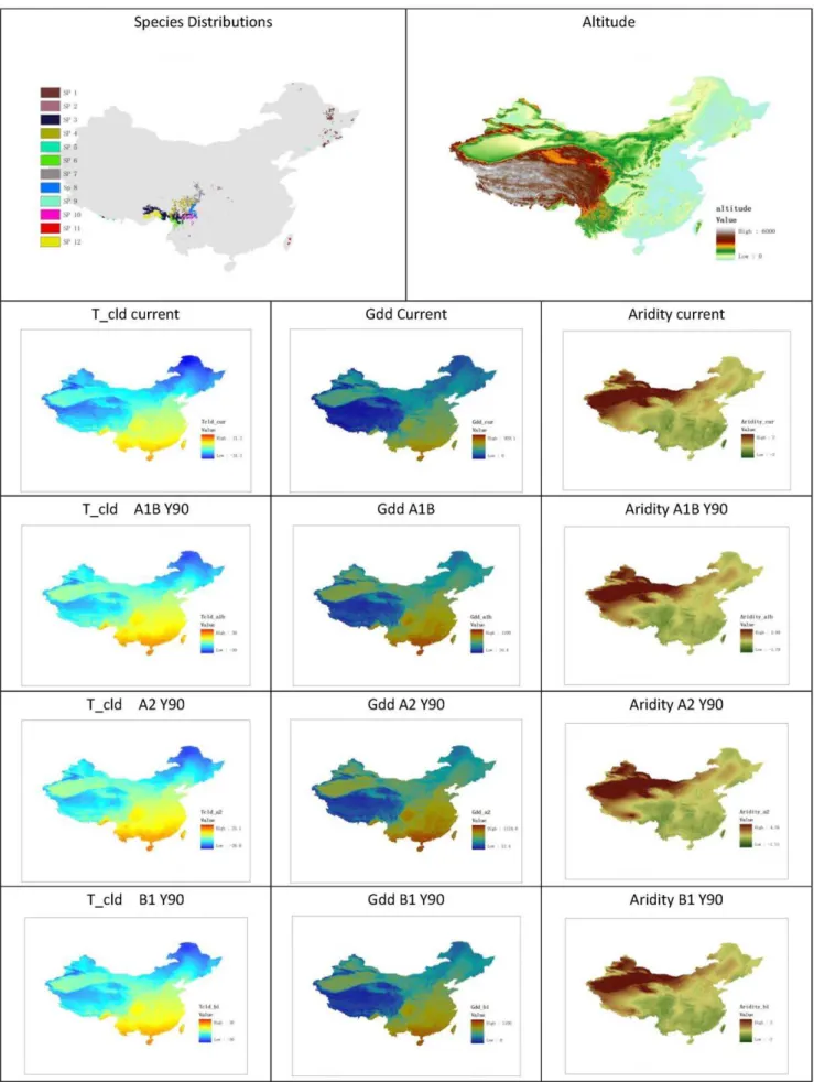 Figure 1. Current Abies species distributions and main environmental factors.