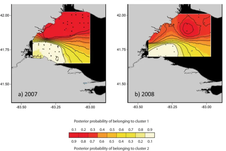 Fig 2. Spatial patterning of western Lake Erie larval yellow perch genetic structure for 2007 and 2008 using GENELAND genetic analysis software.