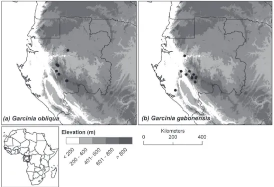 Figure 3. Distribution of the two new species endemic to Gabon: (a) Garcinia obliqua, (b) Garcinia  gabonensis.