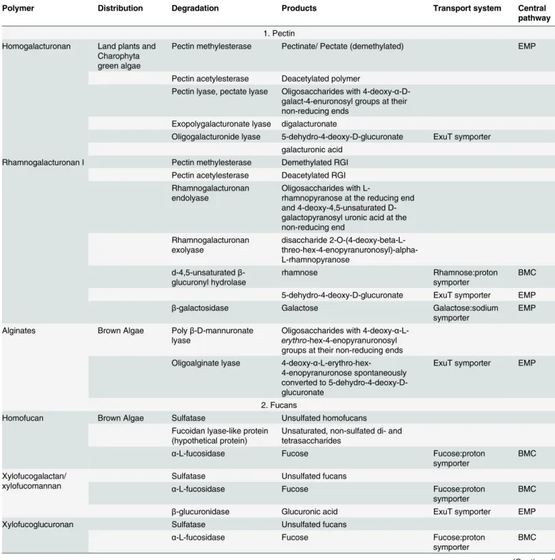 Table 2. Polymers potentially targeted by Latescibacteria, their distribution and occurrence in algae, structure, degradation enzymes encoded in the Latescibacterial SAGs, potential degradation products, their transport systems encoded in the SAGs, and ult