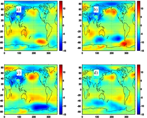 Fig. 7. Sea level pressure anomaly (in HPa) for July–September mean of 1997 (a), 2002 (b), 1998 (c) and for August–October mean of 2007 (d) before the maximum phase of the  develop-ment of warm (a, b) and cold (c, d) ENSO.