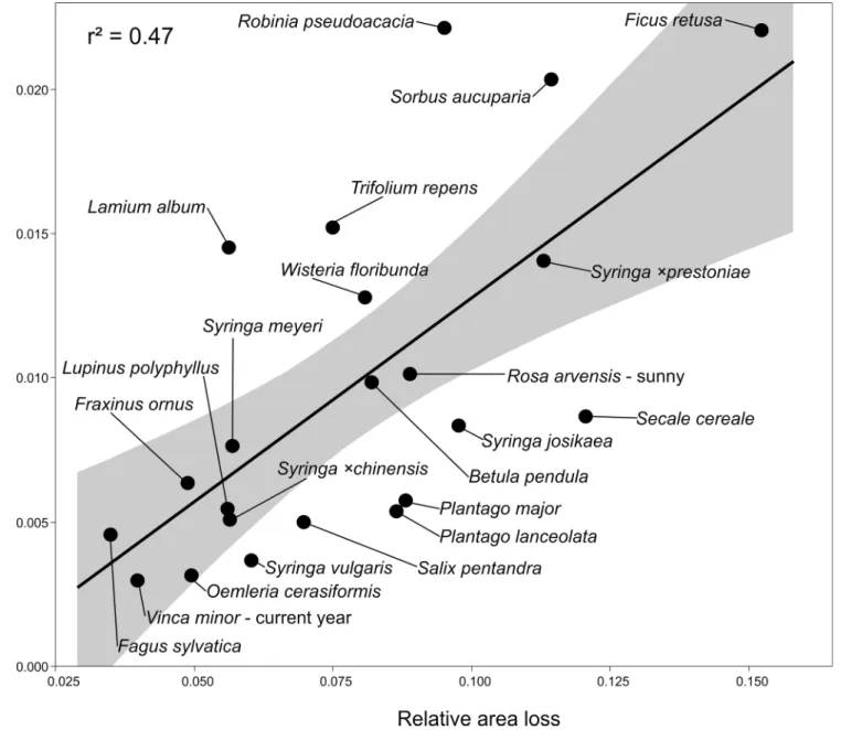 Fig 4. Relationship between relative area loss and shape change expressed as vector length