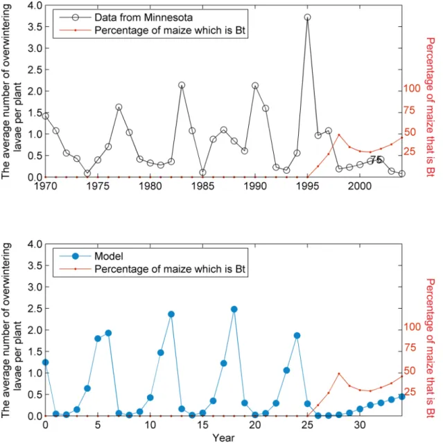 Fig 3. Overwintering larvae. Average numbers of overwintering lavae from Minnesota over time (solid black line) during a period where the proportion of Bt maize broadly increased (dashed red line)
