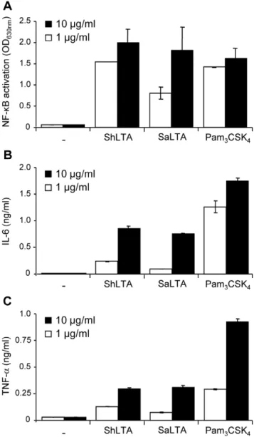 Figure 7. ShLTA stimulates NF- k B activation (A) and IL-6 (B) and TNF- a (C) production by human THP-1  monocyte/macro-phage cell line