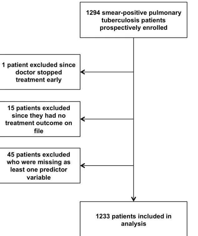 Fig 1. Flow of cohort study participants. We initially enrolled 1294 pulmonary, smear-positive tuberculosis patients into the study