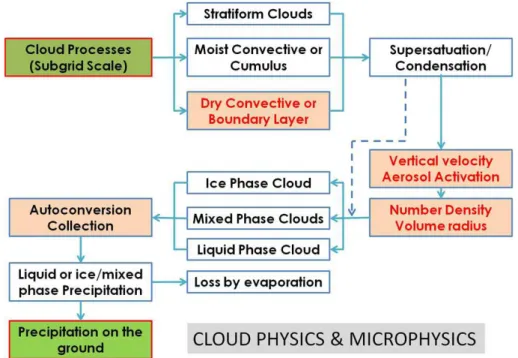 Fig. 1. Block diagram showing key modules of Baseline and McRAS-AC cloud schemes. Con- Con-vective clouds are parameterized (B-1) in both schemes following RAS and McRAS;  strati-form clouds are RH based (B-2), but there are some di ff erences