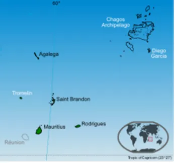 Figure 1: Locator Map of the Republic of Mauritius (Claimed islands in white font). 