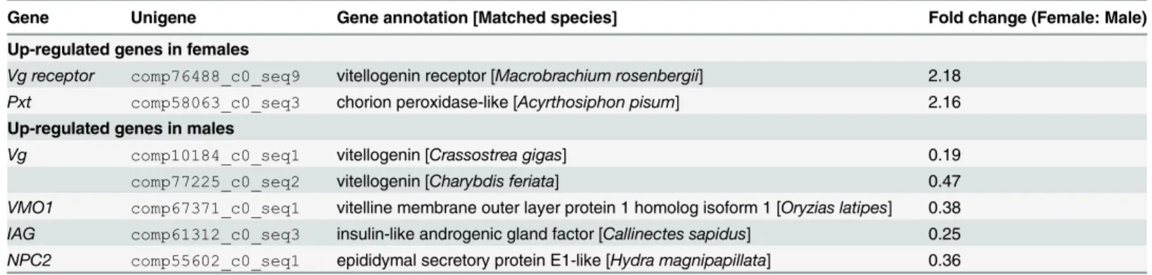 Table 4. List of differentially expressed genes related to reproduction in female and male Eriocheir sinensis transcriptomes.