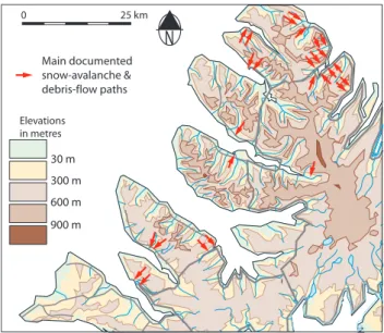 Fig. 2. Location of documented snow-avalanche and debris-flow paths in North-western Iceland (refer to figure 01 for the location of studied areas).