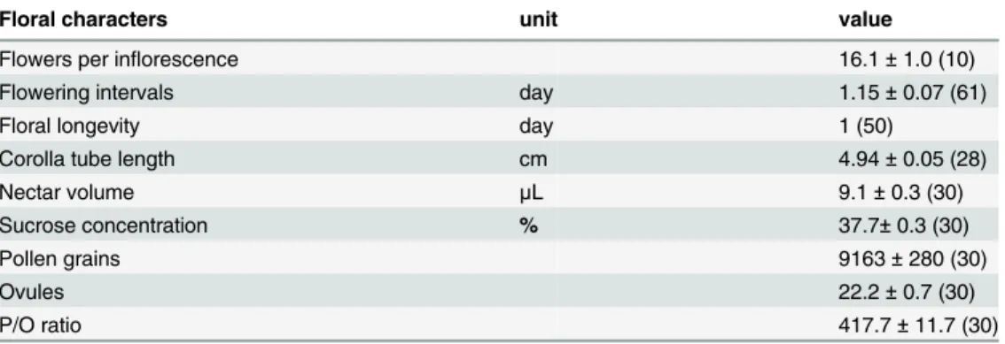 Table 1. Floral characteristics (mean ± s.e., with sample size in brackets) of Zingiber densissimum.