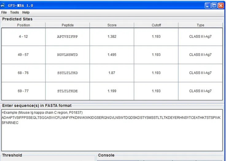 Figure 2. Screen snapshot of the GPS-MBA 1.0 software. The default threshold was chosen for MHC Class II I-A g7 (Medium)