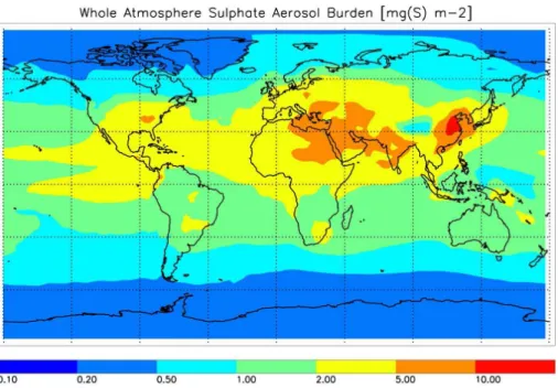 Fig. 5. Global distribution of the modelled annual mean of sulphate aerosol burden in the last year of integration.