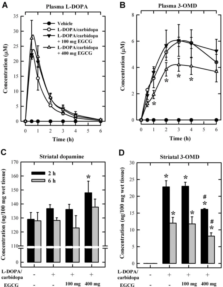 Figure 5. Effect of orally-administered EGCG on the methylation of L-DOPA in rats. A. Plasma L-DOPA concentrations