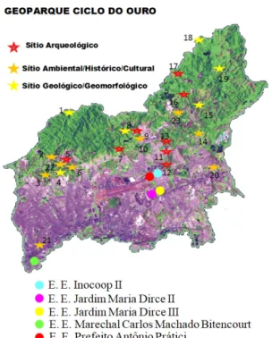 Figure 1. Geographical delimitation and sites of interest  of the Gold Cycle Geopark Project (Source:  Socio-environmental Diagnosis of the Gold Cycle Geopark  Project, Guarulhos and guidelines for its  implemen-tation, Perez-Aguilar et al