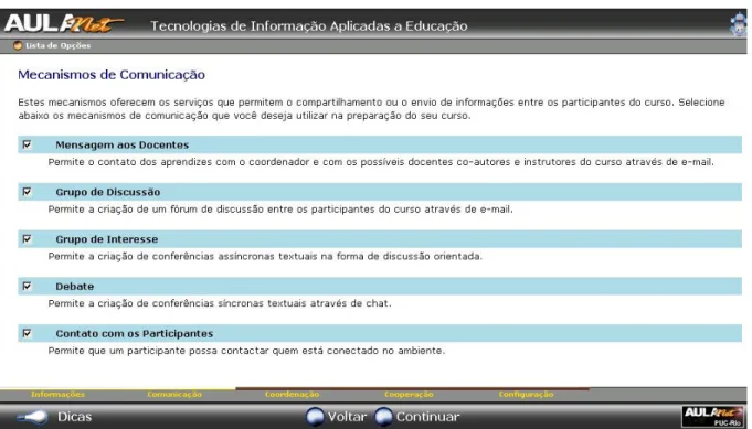Figura 1: Interface para Seleção de Mecanismos de Comunicação do AulaNet 