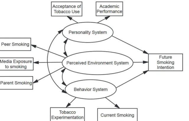 Fig 1. Hypothesized model for associations between problem behavior theory variables and adolescent future smoking intentions