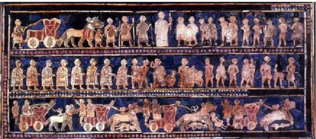 Figure 2. The so-called “Standard of Ur” (2500 BC), combines lapis lazuli, mother of pearl and other stones glued to  the wooden support with bitumen (Image from https://commons.wikimedia.org)
