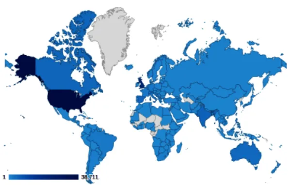 Figure 1. Countries that have visited the Earthlearningidea  blog, the darker the colour, the more hits – data  provided by Google Analytics