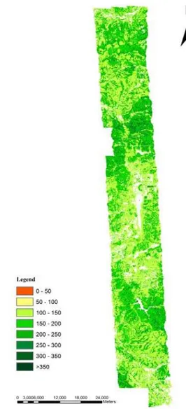 Figure 3. F ield measured AGB and lidar metrix estimation modeling  with forest types information from hyperspectral classification