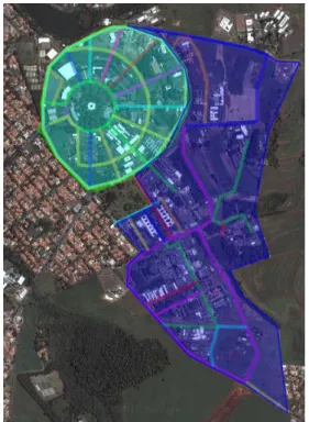 Figura 2. Diferentes perfis de ocupação no  campus: área (1) em verde e área (2)  em azul