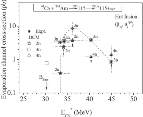 Figure  5: Calculated  cross  sections  for  2n-,  3n-,  and  4n-evaporation  channels of  48 Ca  +  243 Am reaction as a function of E CN* , compared with  experimental data [16]
